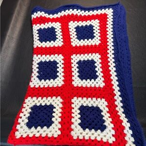 Hand Crocheted Granny Square Afghan Blanket Red White Blue Patriotic Throw 80x48
